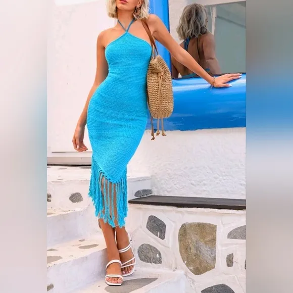 New Boho Fringe Trim Crochet Knit Halter Midi Dress Blue