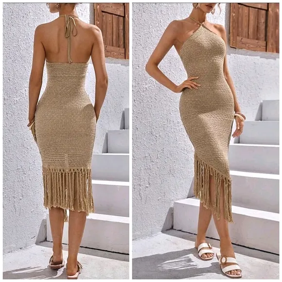 New Boho Fringe Trim Crochet Knit Halter Midi Dress Tan Beige Khaki