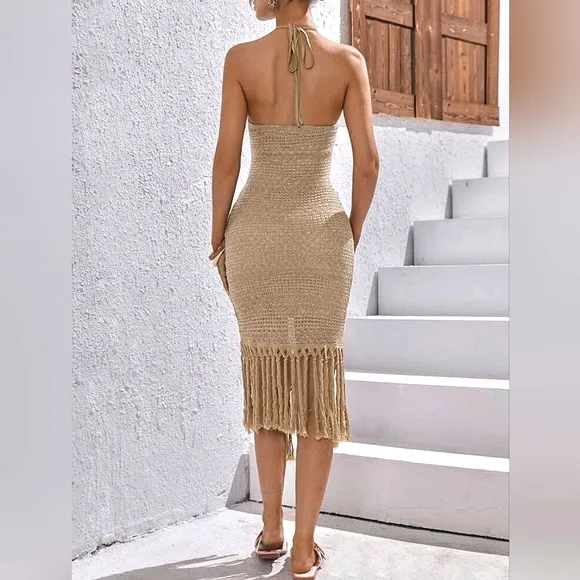 New Boho Fringe Trim Crochet Knit Halter Midi Dress Tan Beige Khaki