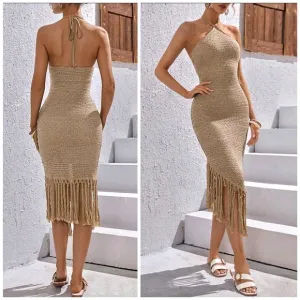 New Boho Fringe Trim Crochet Knit Halter Midi Dress Tan Beige Khaki