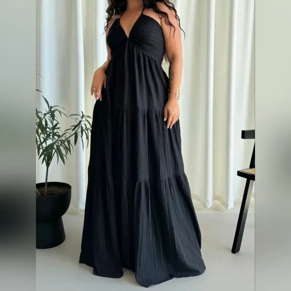 New Boho Halter Tie Back Tiered Maxi Dress PLUS Black