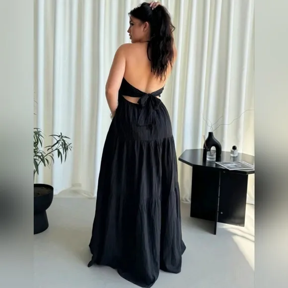 New Boho Halter Tie Back Tiered Maxi Dress PLUS Black