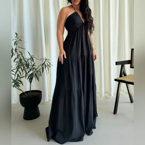 New Boho Halter Tie Back Tiered Maxi Dress PLUS Black