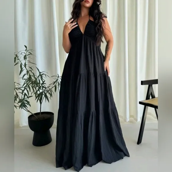 New Boho Halter Tie Back Tiered Maxi Dress PLUS Black