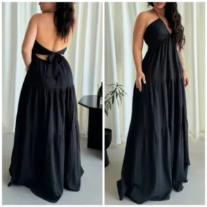 New Boho Halter Tie Back Tiered Maxi Dress PLUS Black