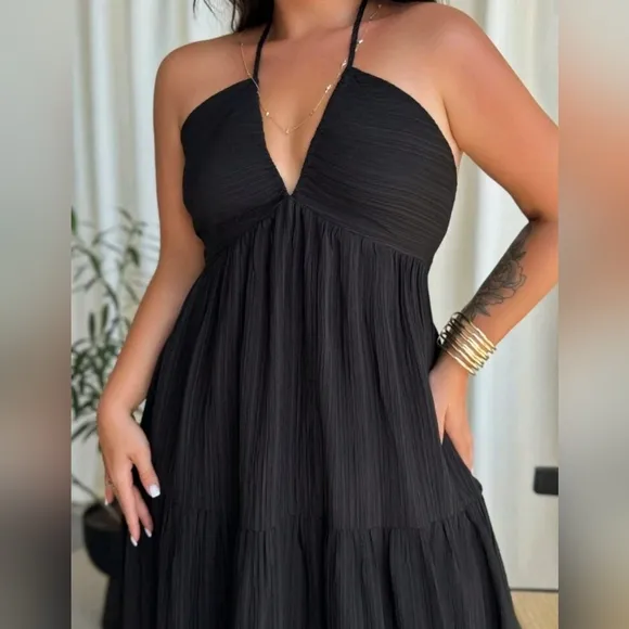 New Boho Halter Tie Back Tiered Maxi Dress PLUS Black