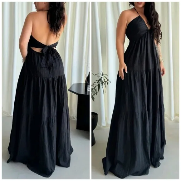 New Boho Halter Tie Back Tiered Maxi Dress PLUS Black