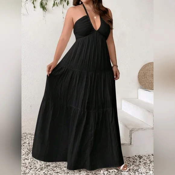 New Boho Halter Tie Back Tiered Maxi Dress PLUS Black