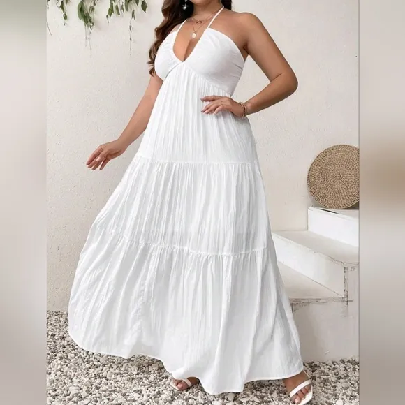 New Boho Halter Tie Back Tiered Maxi Dress PLUS White