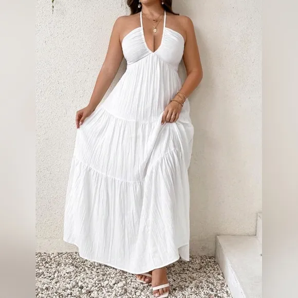 New Boho Halter Tie Back Tiered Maxi Dress PLUS White
