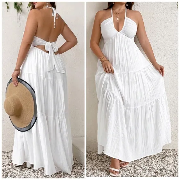 New Boho Halter Tie Back Tiered Maxi Dress PLUS White