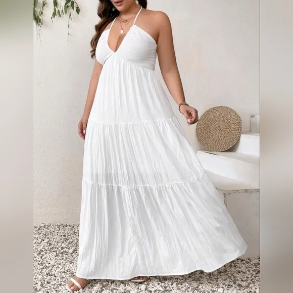 New Boho Halter Tie Back Tiered Maxi Dress PLUS White