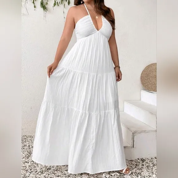 New Boho Halter Tie Back Tiered Maxi Dress PLUS White