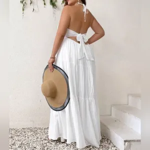 New Boho Halter Tie Back Tiered Maxi Dress PLUS White