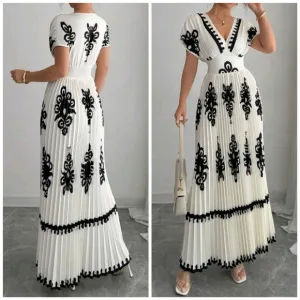 New Boho Print Pleated Maxi Dress  Off White Cream Black