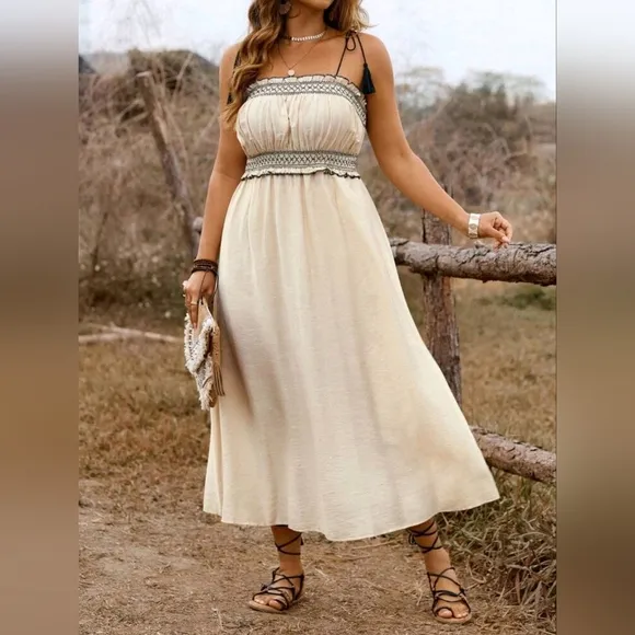 New Boho Tassel Tie Embroidered Midi Cami Dress Cream Beige