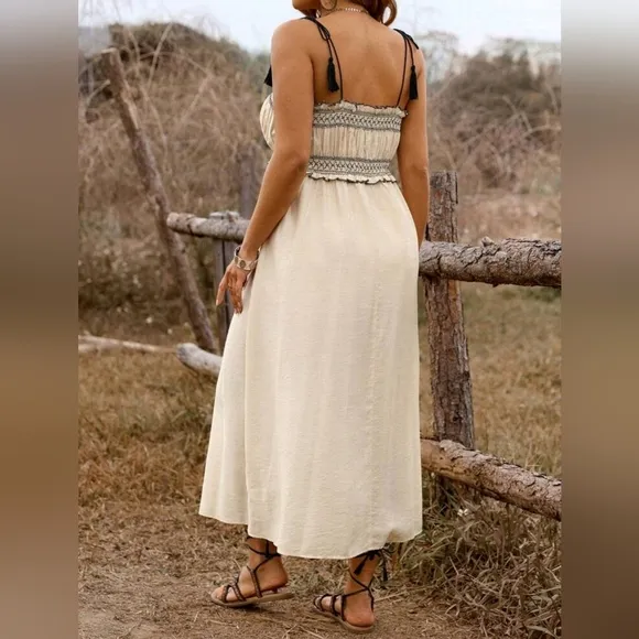 New Boho Tassel Tie Embroidered Midi Cami Dress Cream Beige
