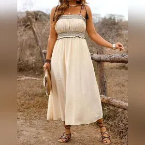 New Boho Tassel Tie Embroidered Midi Cami Dress Cream Beige
