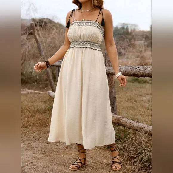 New Boho Tassel Tie Embroidered Midi Cami Dress Cream Beige