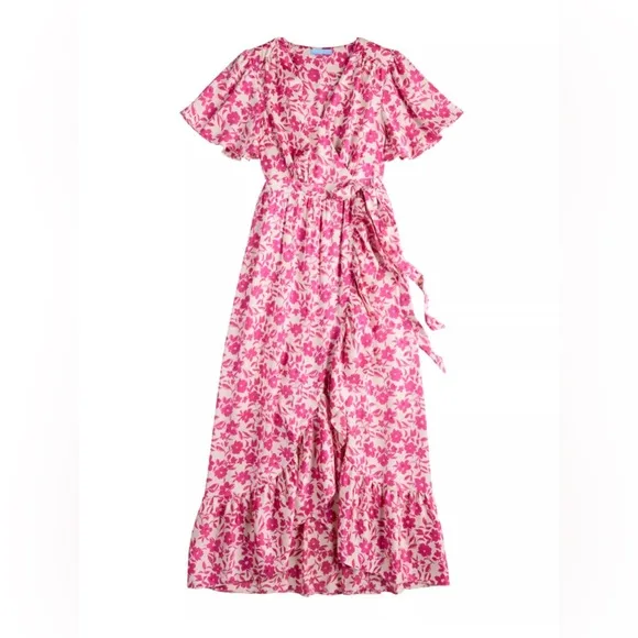 NEW Draper James Maxi Dress Floral Pink White Silky Wrap High Low Midi RSVP