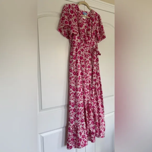 NEW Draper James Maxi Dress Floral Pink White Silky Wrap High Low Midi RSVP