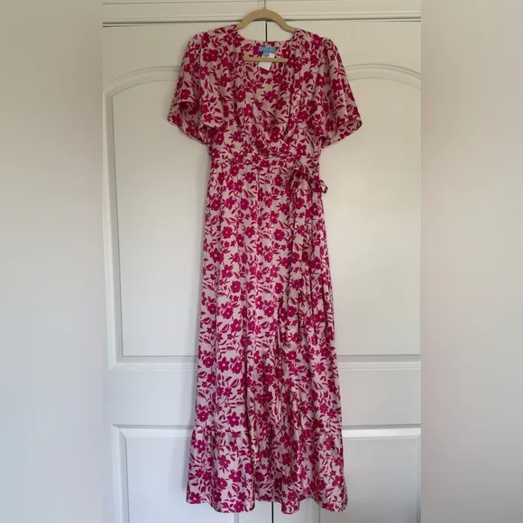 NEW Draper James Maxi Dress Floral Pink White Silky Wrap High Low Midi RSVP