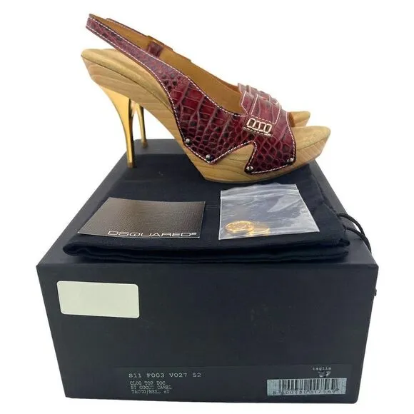 New Dsquared2 Women Brown Leather Pumps Open Toe Platform Mid Heel Shoes US 7