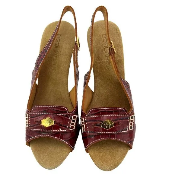 New Dsquared2 Women Brown Leather Pumps Open Toe Platform Mid Heel Shoes US 7