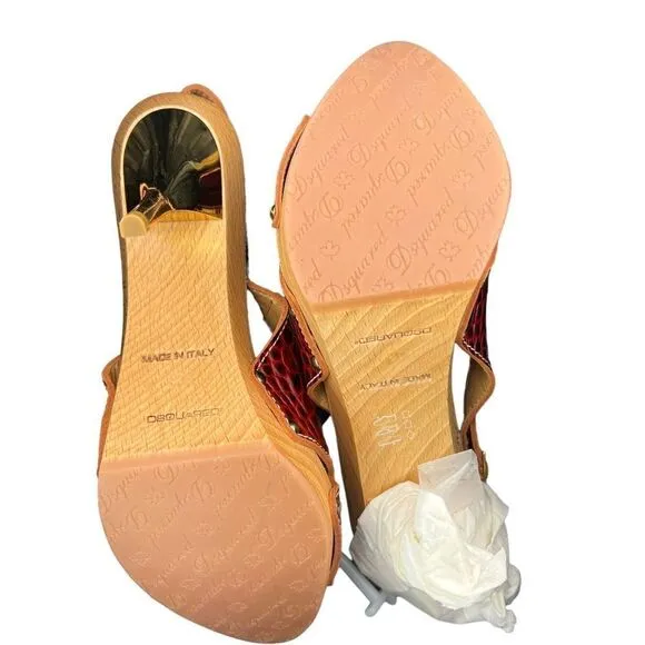New Dsquared2 Women Brown Leather Pumps Open Toe Platform Mid Heel Shoes US 7