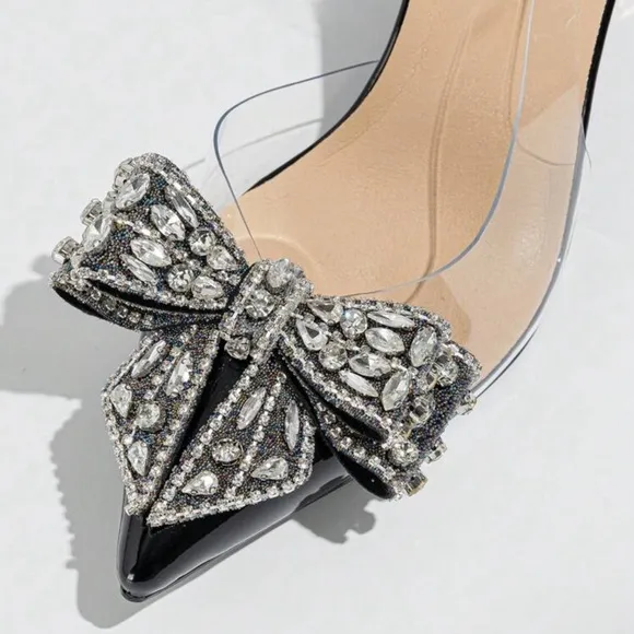 NEW - Elegant Black Heels with Crystal Bow