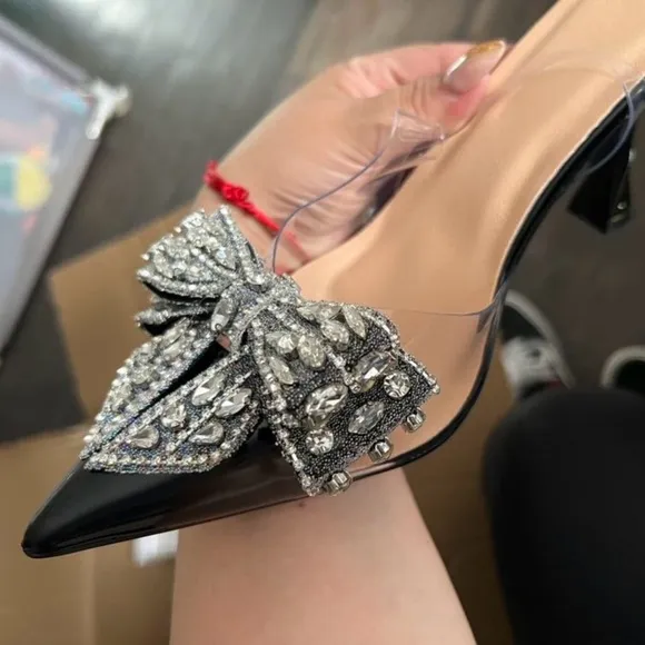 NEW - Elegant Black Heels with Crystal Bow