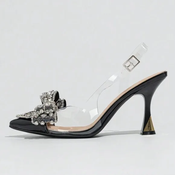 NEW - Elegant Black Heels with Crystal Bow