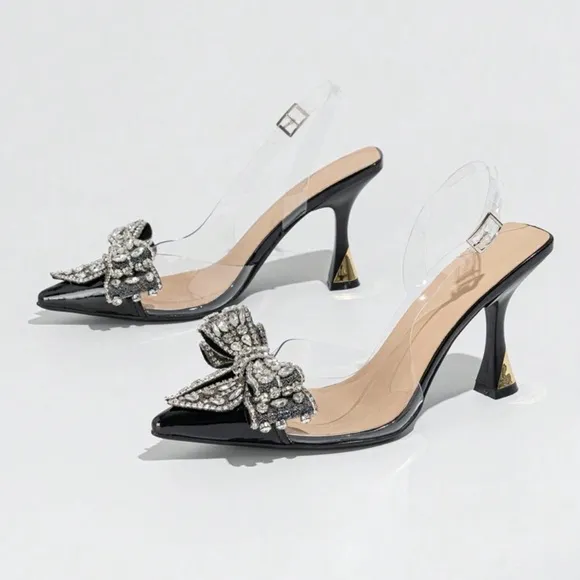 NEW - Elegant Black Heels with Crystal Bow