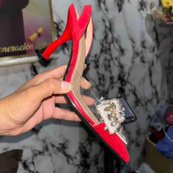 NEW - Elegant Red Slingback Heels with Bow Detail
