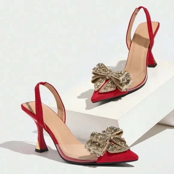 NEW - Elegant Red Slingback Heels with Bow Detail