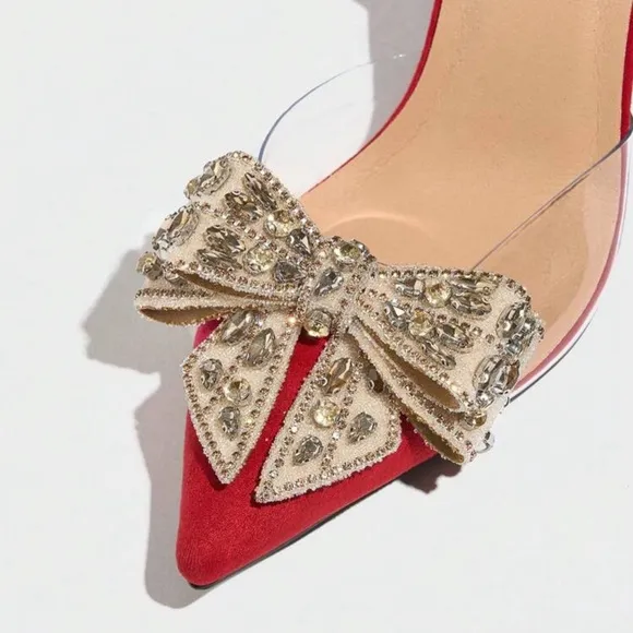 NEW - Elegant Red Slingback Heels with Bow Detail