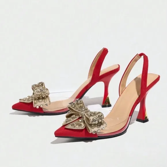 NEW - Elegant Red Slingback Heels with Bow Detail