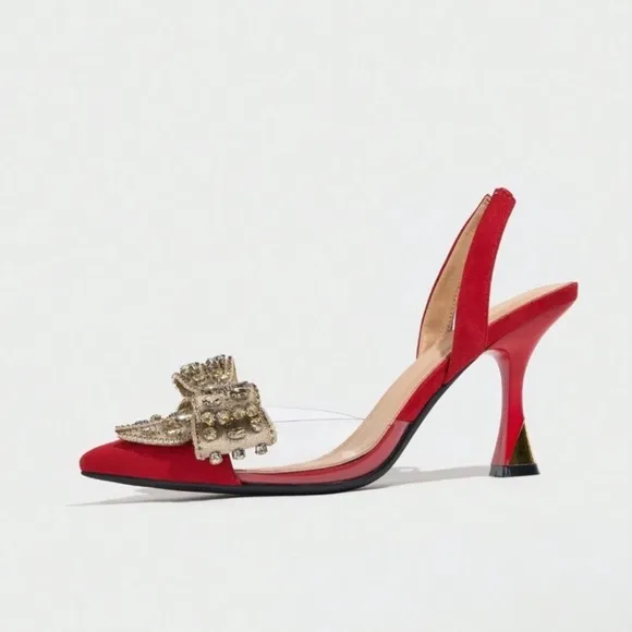 NEW - Elegant Red Slingback Heels with Bow Detail