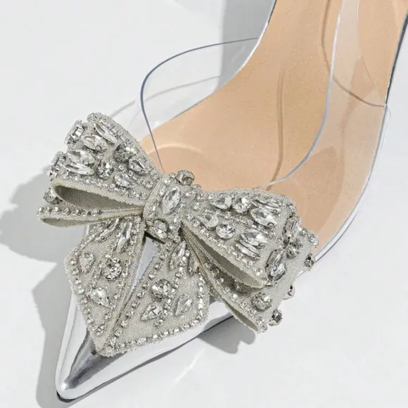 NEW - Elegant Silver Women's Heels with Bow Accent
