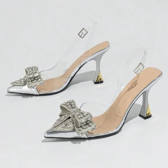 NEW - Elegant Silver Women's Heels with Bow Accent