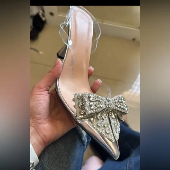 NEW - Elegant Silver Women's Heels with Bow Accent