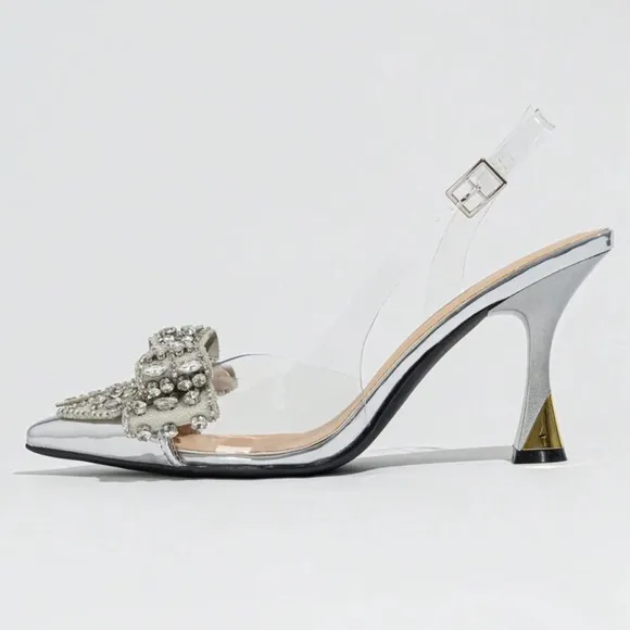 NEW - Elegant Silver Women's Heels with Bow Accent