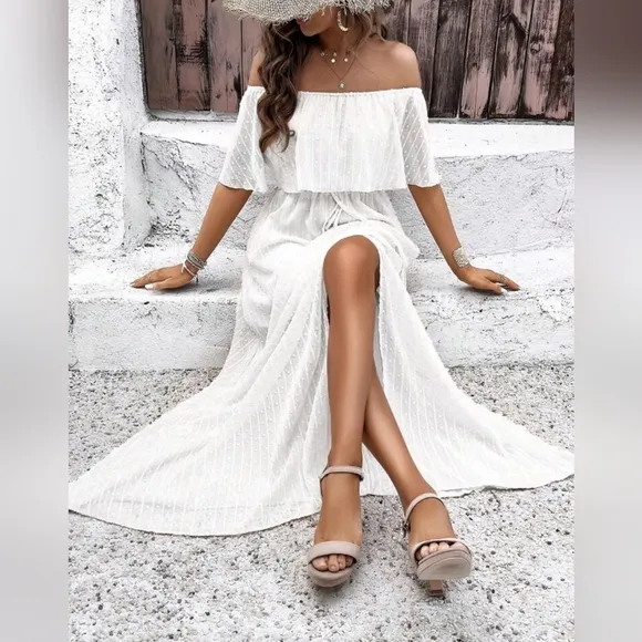 NEW Flowy Sheer Lace Off Shoulder Split Maxi Dress White