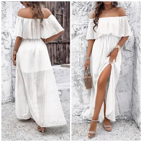 NEW Flowy Sheer Lace Off Shoulder Split Maxi Dress White