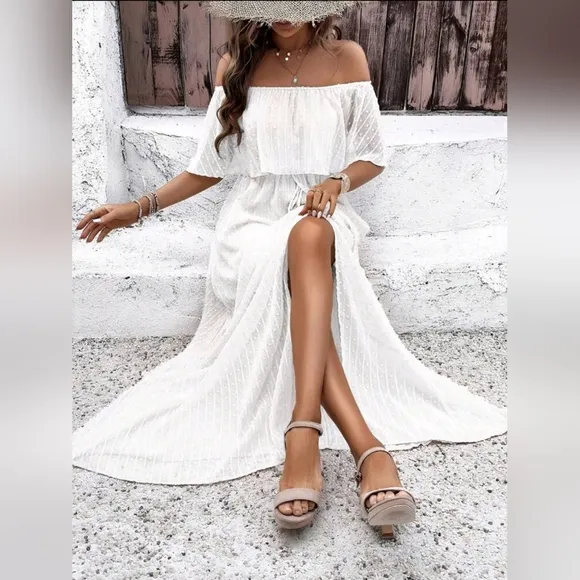 NEW Flowy Sheer Lace Off Shoulder Split Maxi Dress White