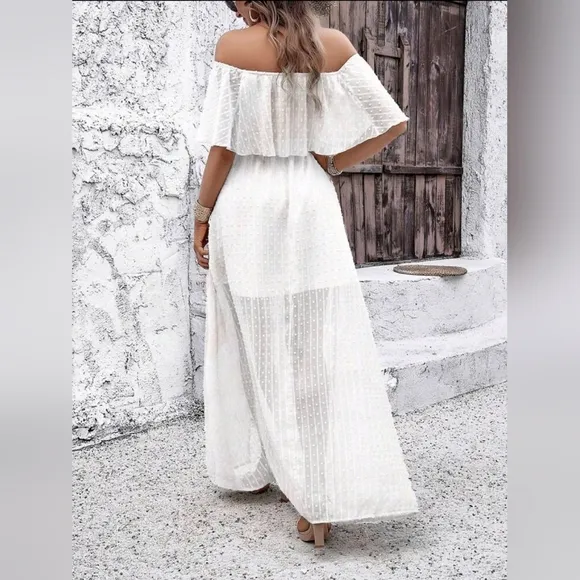 NEW Flowy Sheer Lace Off Shoulder Split Maxi Dress White