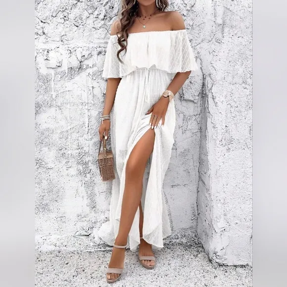 NEW Flowy Sheer Lace Off Shoulder Split Maxi Dress White
