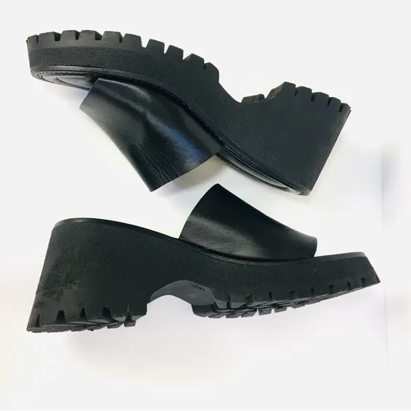 New Free People Made In Italy Winona Wedge Leather Sandals In Black Sz 37 (US 7)