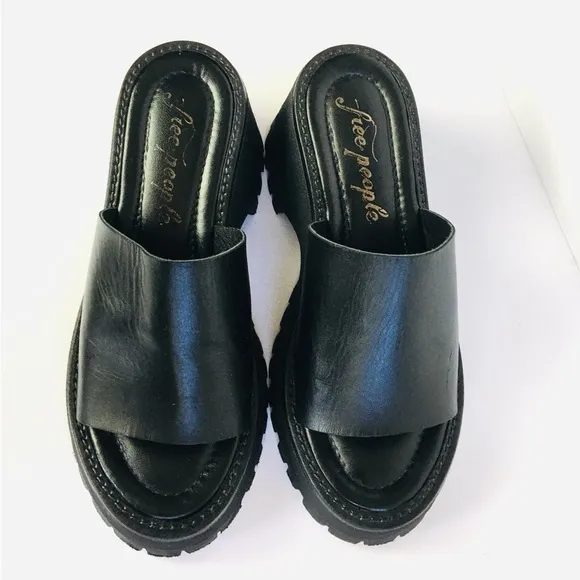 New Free People Made In Italy Winona Wedge Leather Sandals In Black Sz 37 (US 7)