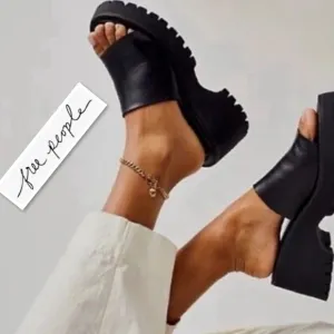 New Free People Made In Italy Winona Wedge Leather Sandals In Black Sz 37 (US 7)